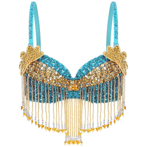 Sparkly Floral Beaded Sequin Belly Dance Bra & Tassel Performance Top