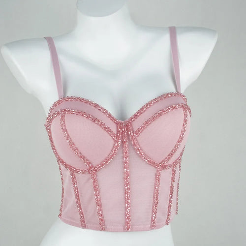 Pearl Beaded Bustier Corset Crop Top Push-Up Evening Party Camisole