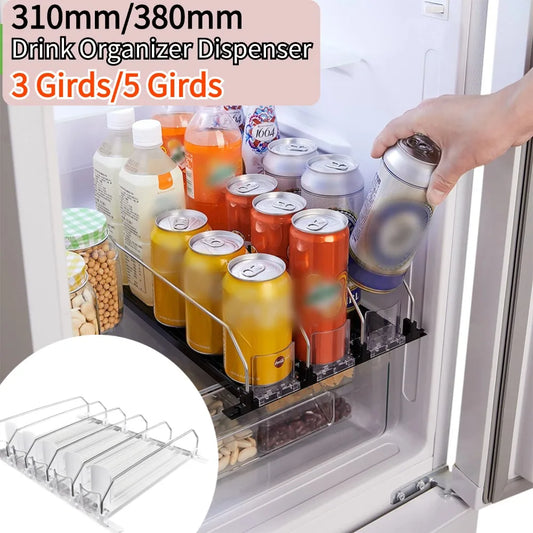 Drink Organizer Dispenser Spring Push Can Shelf Pusher Adjustable Width Soda Can Bottle Pusher E-shaped Glide for Kitchen Fridge