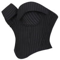 Black Striped Overbust Corset Top Zipper Front Lace-Up Bustier Body Shaper