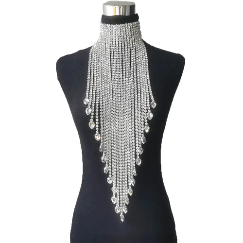 Luxury Rhinestone Long Tassel Statement Choker – Waist-Length Crystal Drop Necklace for Weddings, Galas & High-Fashion Clubwear