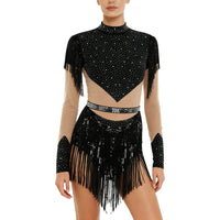 Rhinestone Sequin Tassel Long Sleeve Dance Jumpsuit Bodysuit