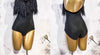 Black Fluffy Dance Leotard & Fringe Practice Skirt Latin Performance Costume Set