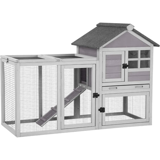 51.6''L Rabbit Hutch Outdoor Chicken Coop Indoor Bunny Cage with Run, Pull Out Upper Tray (51.6" L X 25.2" W X 36.2" H)