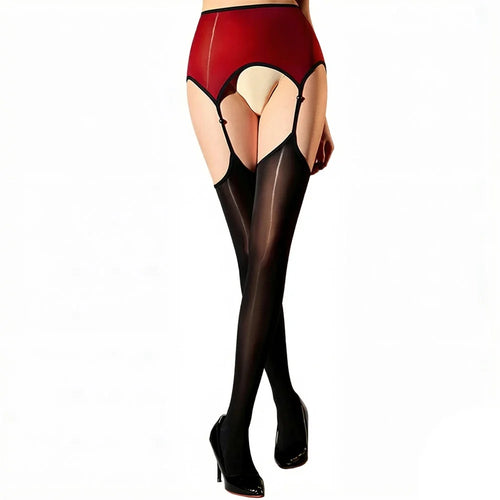 Pearl Cutout Open-Crotch Oil Glossy Sheer Pantyhose Garter Tights