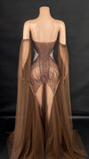 Rhinestone & Pearl Off-Shoulder Sheer Illusion Long Dress Gala Evening Costume