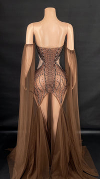 Rhinestone & Pearl Off-Shoulder Sheer Illusion Long Dress Gala Evening Costume