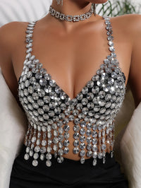 Dazzling Rhinestone Tassel Halter Corset Crop Top & Party Tank
