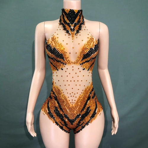 Sparkly Rhinestone Transparent Mesh Bodysuit Stage Performance Costume