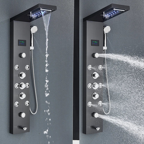 LED Shower Panel Tower System Rain Waterfall Shower Column Hydroelectricity LCD Display With Massage Body Spa Bath Shower Faucet