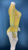 Sparkly Crystals Long-Sleeve Mesh Bodysuit Stage Performance Costume