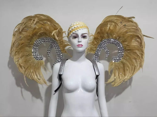 Showgirl Feather Wing Backpiece with Rhinestone Scroll Frames