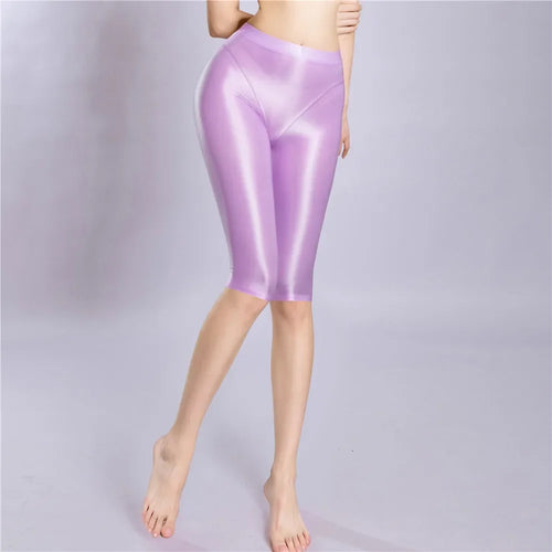 Women's Oil Glossy Sheer High-Waist Shaping Shorts Satin Smooth Leggings