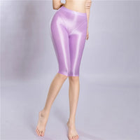 Women's Oil Glossy Sheer High-Waist Shaping Shorts Satin Smooth Leggings