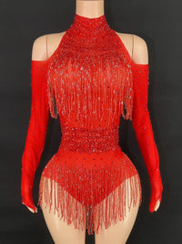 Sparkly Red Rhinestone & Fringe Long-Sleeve Mesh Bodysuit Dance Stage Costume