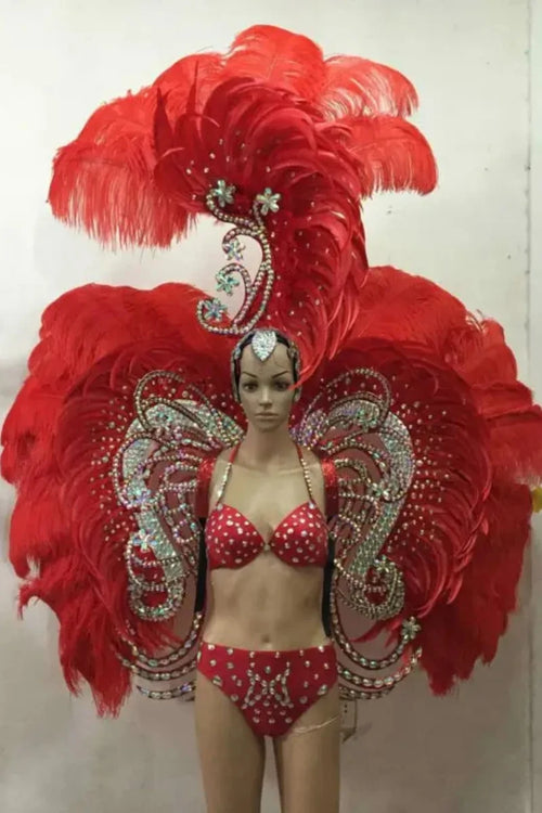 Ornate Red Feather & Rhinestone Carnival Set