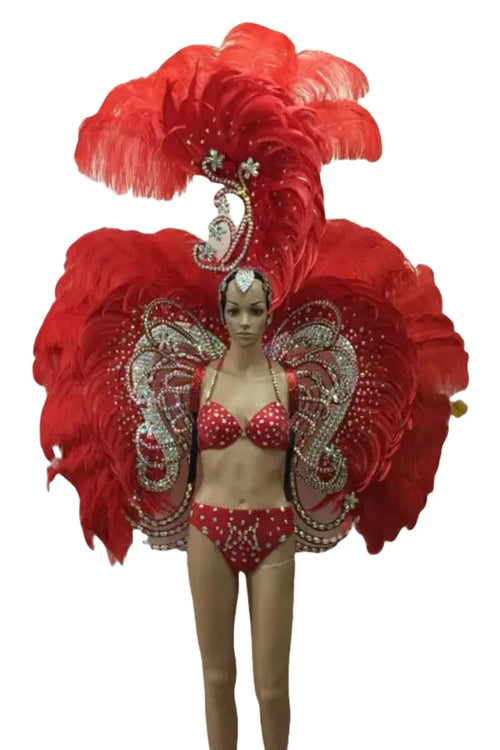 Ornate Red Feather & Rhinestone Carnival Set