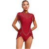 Rhinestone Mock Neck Mesh Tassel Leotard
