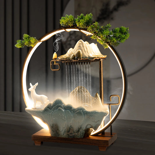 Tabletop Fountain with LED Lights Indoor Rockery Waterfall for Mist Effect Home Office Decor