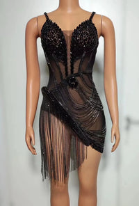 Sparkly Rhinestone & Fringe Sheer Mesh Mini Dress Stage Performance Costume