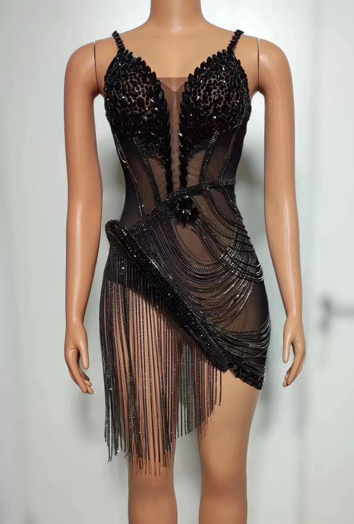 Sparkly Rhinestone & Fringe Sheer Mesh Mini Dress Stage Performance Costume