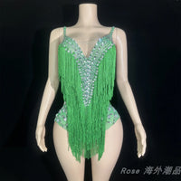 Custom Fringe Rhinestone Bodysuit & Stage Performance Dance Costume