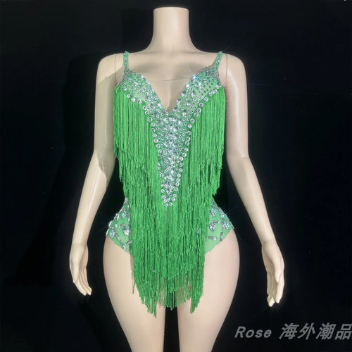 Custom Fringe Rhinestone Bodysuit & Stage Performance Dance Costume