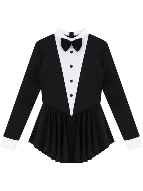 Tuxedo Bowknot Long Sleeve Ruffle Leotard Dress Magician Costume