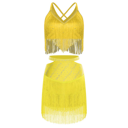 Sparkly Rhinestone & Tassel Fringe Two-Piece Latin Tango Dance Outfit Set