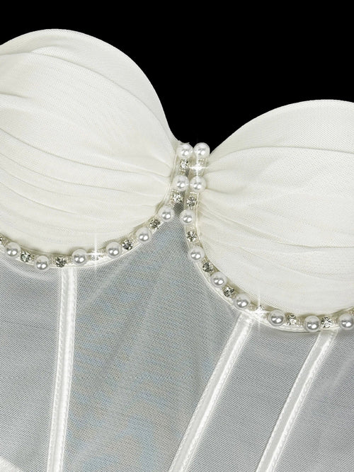 Pearl & Rhinestone Embroidered Bustier Corset Crop Top High Street Bralette