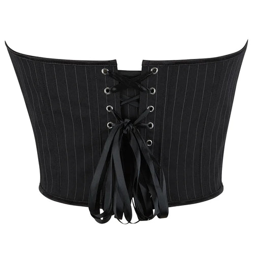 Black Striped Overbust Corset Top Zipper Front Lace-Up Bustier Body Shaper