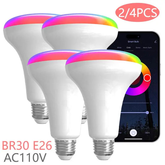 2/4PCS Smart BR30 Bulb 110V E26 12W LED Flood Light Bulbs Works with Alexa Google Assistant RGBCW Recessed Light Bulbs for Cans