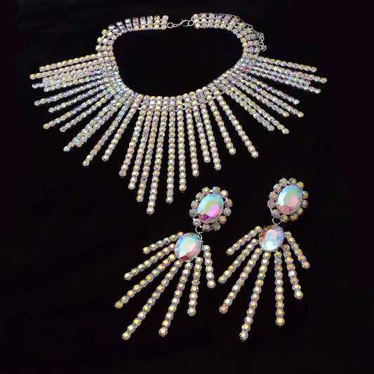 Rhinestone Tassel Necklace & Earring Set