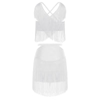 Sparkly Rhinestone & Tassel Fringe Two-Piece Latin Tango Dance Outfit Set