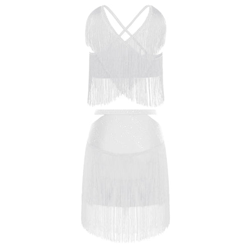 Sparkly Rhinestone & Tassel Fringe Two-Piece Latin Tango Dance Outfit Set