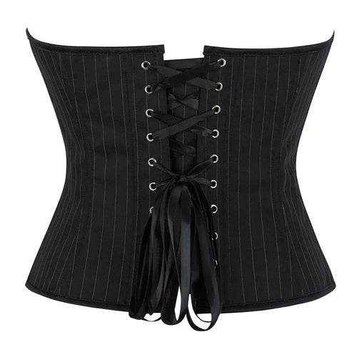 Black Striped Overbust Corset Top Zipper Front Lace-Up Bustier Body Shaper