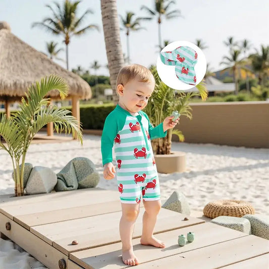 Children s Boys Long Sleeve Swimwear Set with Crab and Stripe Print Zipper Rash Guard Swimsuit Matching Hat Beachwear