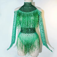 Rhinestone Tassel Mesh Performance Bodysuit
