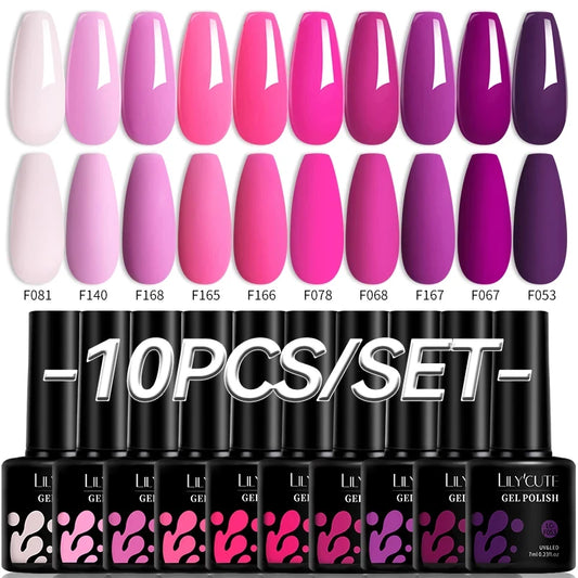 LILYCUTE 10PCS/Set Gel Nail Polish Set Pink Purple Nail Gel Semi Permanent UV LED Varnish Nail Art Design Soak Off Nail Gel Set