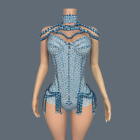Sparkly Rhinestone Tassel Spandex Bodysuit Halter Dance Stage Costume Leotard