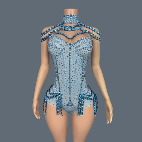 Sparkly Rhinestone Tassel Spandex Bodysuit Halter Dance Stage Costume Leotard