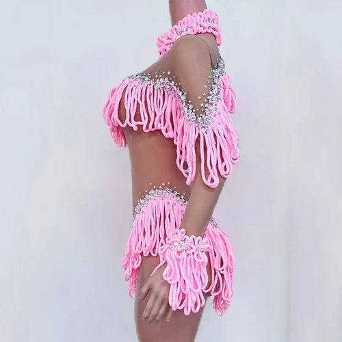 Pink Tassel Long-Sleeve Bodysuit Drag Queen & Gogo Stage Performance Costume