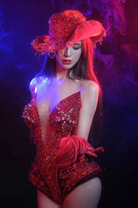 Western Cowboy Showgirl Bodysuit, Hat & Gloves 3-Piece Stage Costume Set