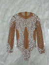 Sparkly Rhinestone, Pearl & Chain Long-Sleeve Mesh Bodysuit Stage Performance Costume