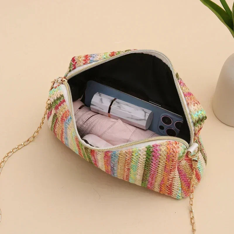 Rattan Knitting Women Straw Bag Beach Summer Chain Small Purse and Handbag Female Shoulder Crossbody Bags Travel Design Flap Bag