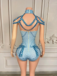 Sparkly Rhinestone Tassel Spandex Bodysuit Halter Dance Stage Costume Leotard