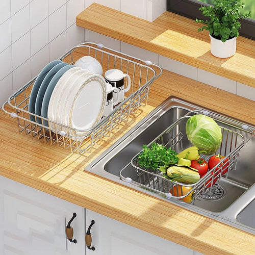 Adjustable Dish Drying Rack Stainless Steel Dish Drainer Fruit Vegetable Drainer Kitchen Sink Drain Holder Storage Rack