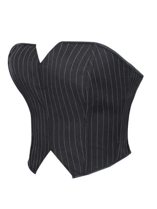 Black Striped Overbust Corset Top Zipper Front Lace-Up Bustier Body Shaper