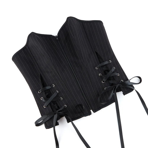 Black Striped Overbust Corset Top Zipper Front Lace-Up Bustier Body Shaper
