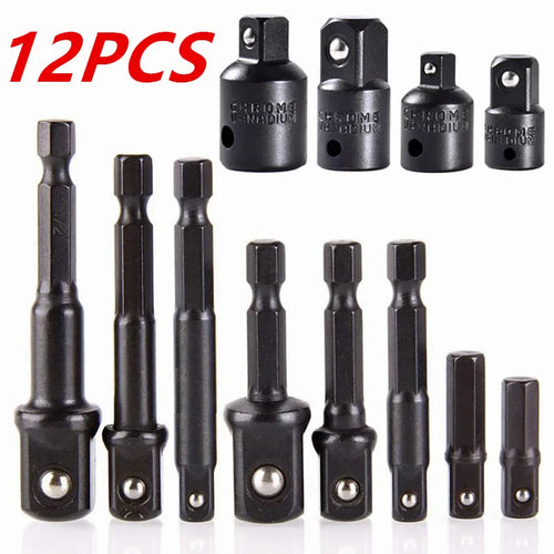 12pcs Impact Socket Adapter And Reducer Set Extension Set Socket Drill Adapter Turns Power Drill Into High Speed Nut Driver, 1/4